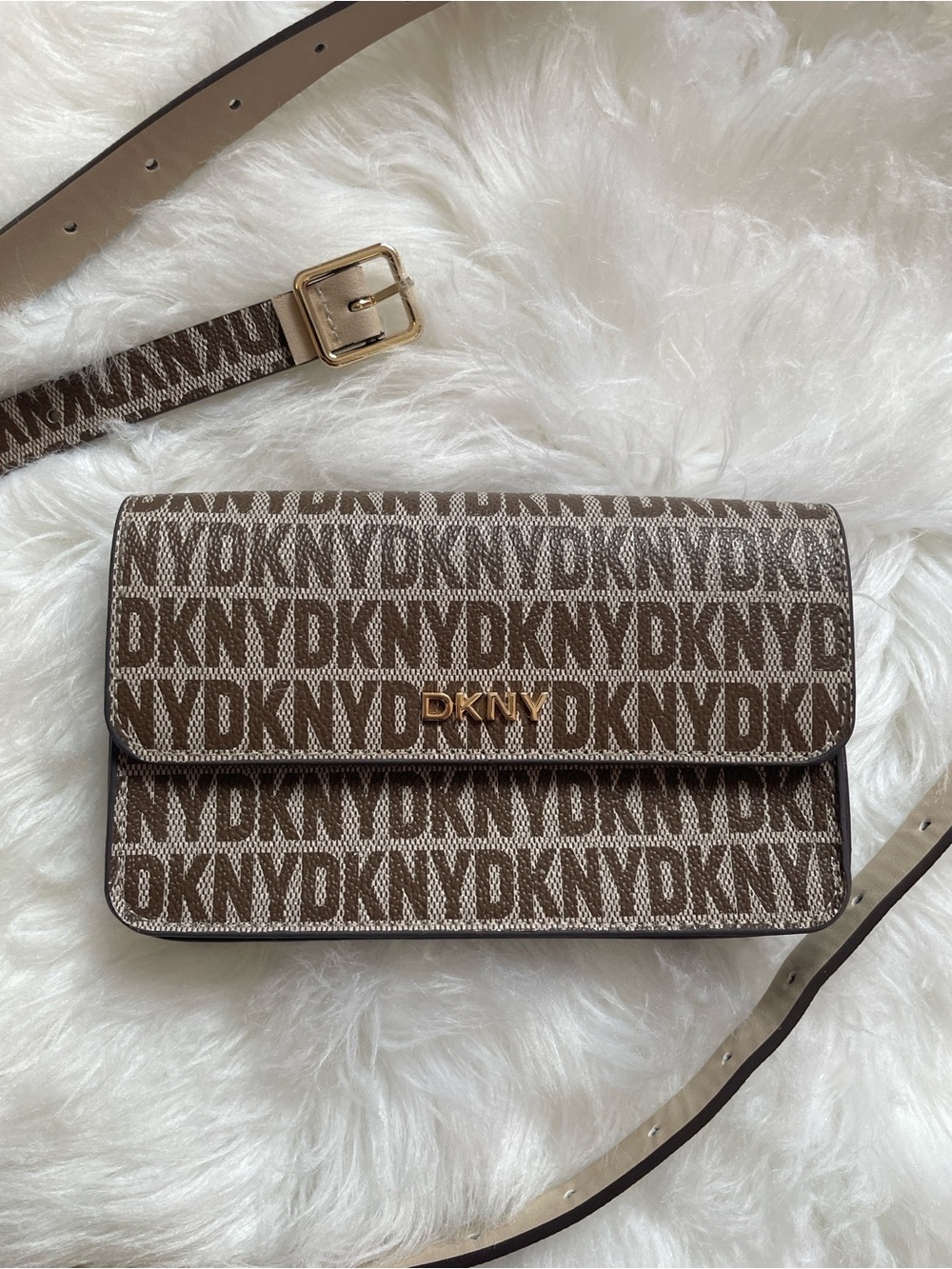 DKNY Brown Monogram Crossbody Wallet with Gold Hardware